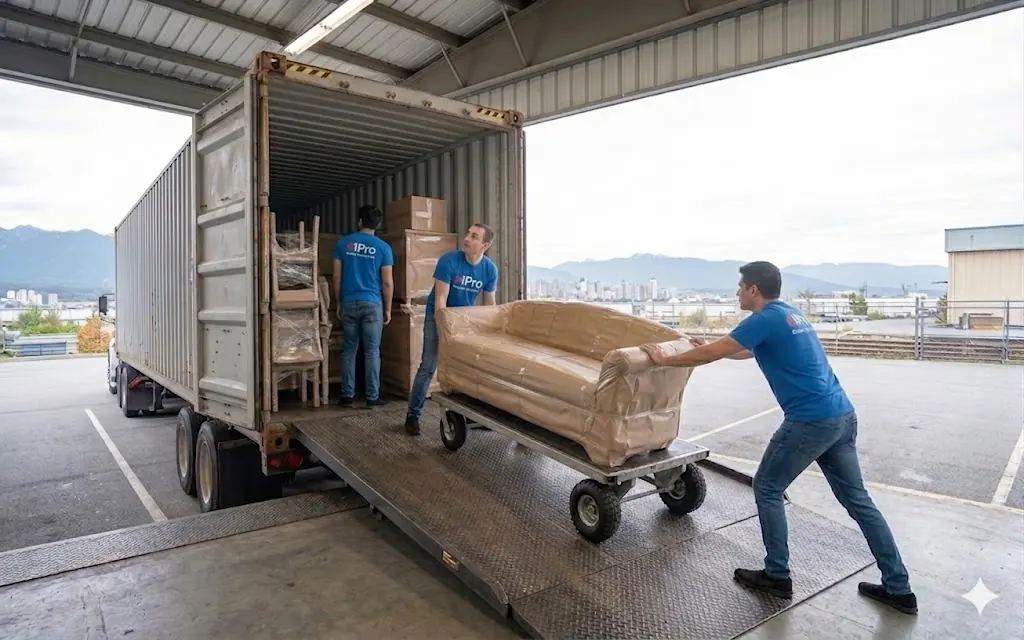 1Pro movers loading and securing a shipping container at a customer's door