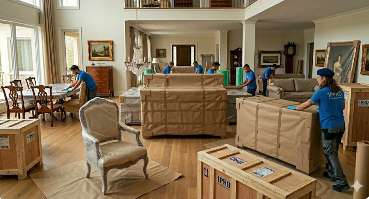 1Pro crew preparing a household shipment for an overseas move